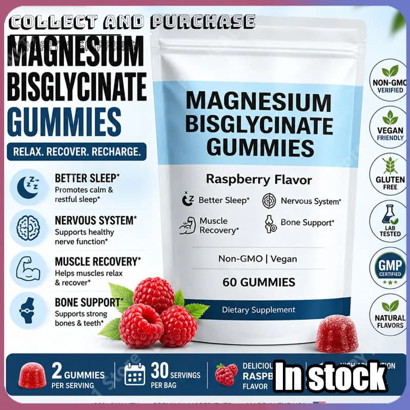 Gommose di Bisglicinato di Magnesio 60 Pezzi Senza Zucchero Vegane Integratore Masticabile per Rilassamento e Supporto Muscolare e Nervoso al Gusto Lampone