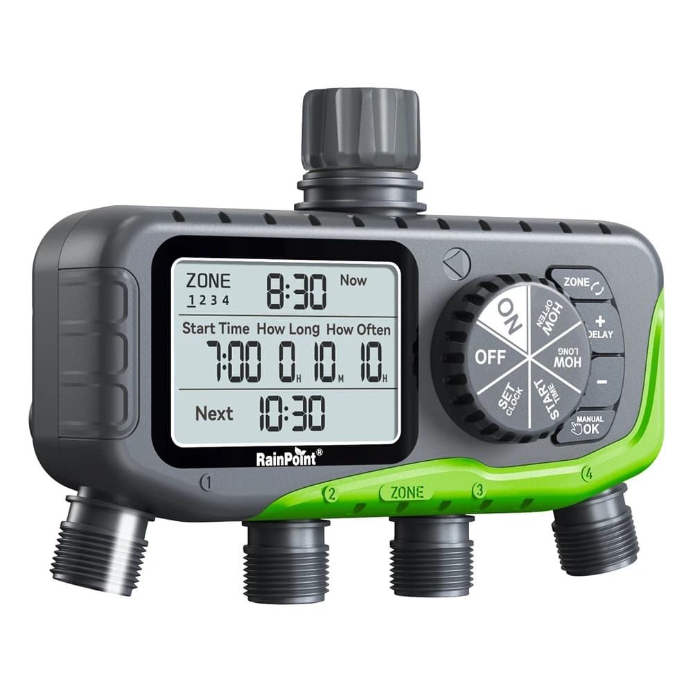 Timer Digitale per Irrigazione Rainpoint IP65 a 4 Uscite, Sistema di Irrigazione Programmabile Manuale con Ritardo Pioggia per Giardino e Prato