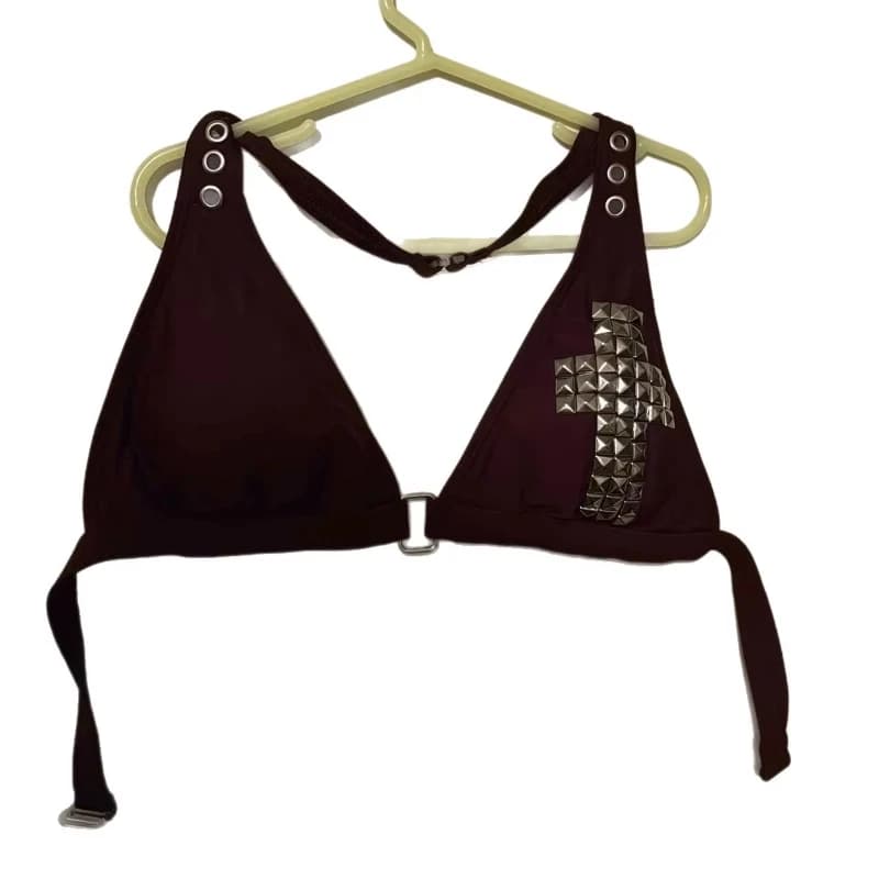 Bikini da Spiaggia Donna con Croce Gotica Anni '00 Europa America, Tinta Unita Estiva, Sexy Stile Spice Girl, con Rivetti, Fibbia in Metallo e Strass