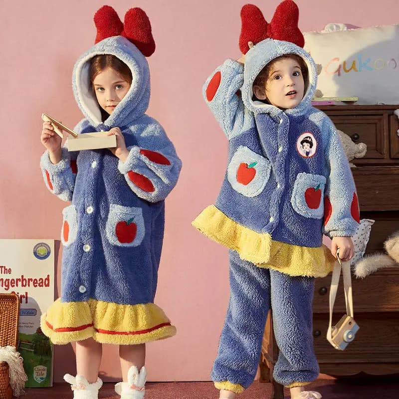 Disney Snow White Kids Hooded Dress Winter Princess Baby Thickness Keeping Hot Long Night Shirt Front Soft Coral Fleece Bathrobe