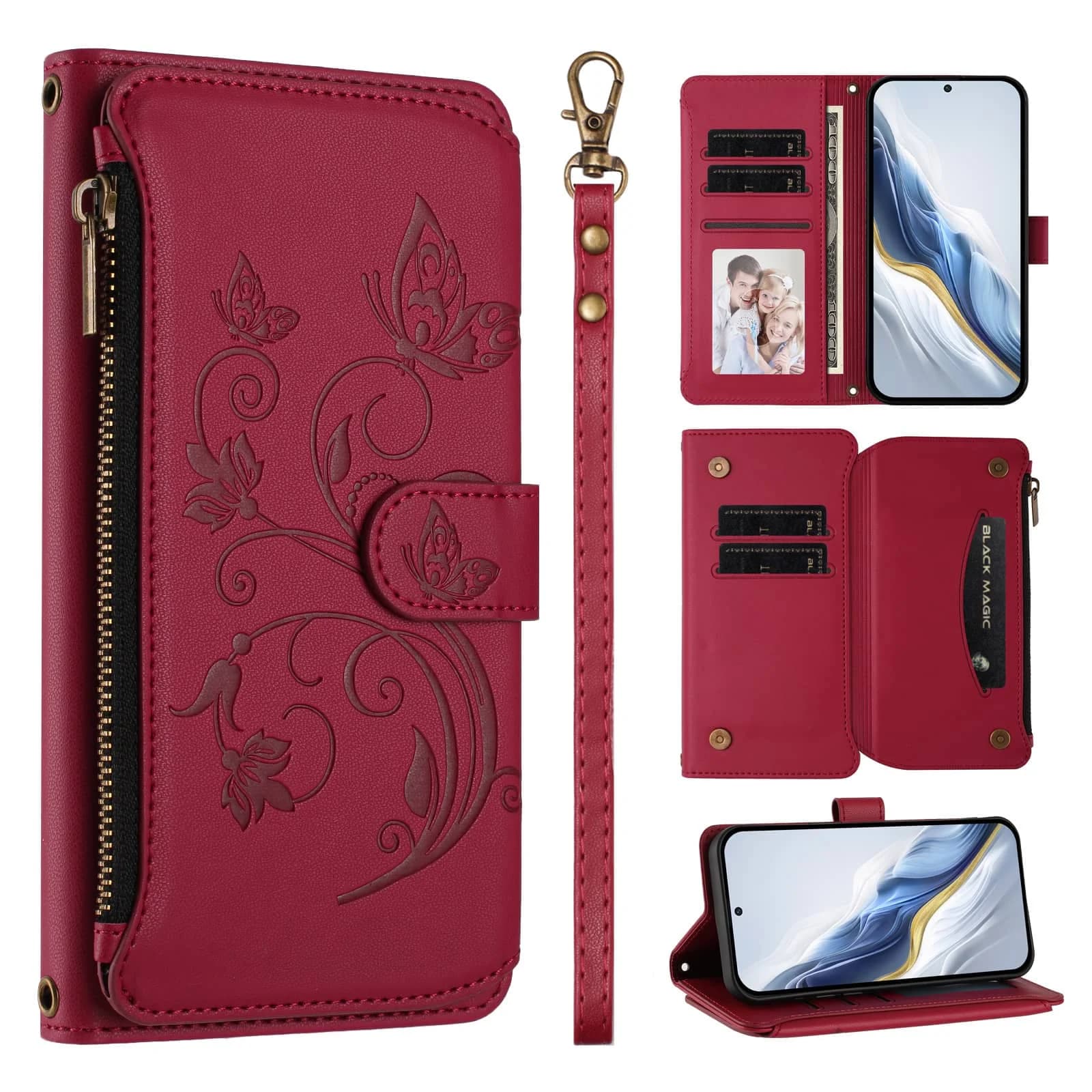 Per Samsung Galaxy S9 S8 Plus S7 S6 Edge Custodia a portafoglio con fiori, custodia per telefono con chiusura RFID Custodia con cerniera per cinturino da polso