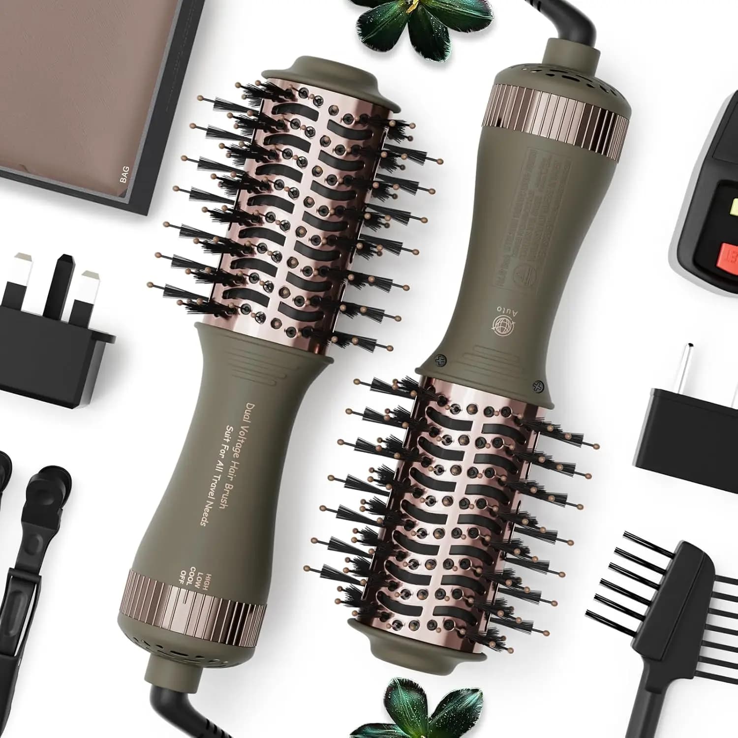Spazzola Asciugacapelli da Viaggio a Doppio Voltaggio 4-in-1, Styler Portatile per Uso Internazionale con Spina US/EU/UK