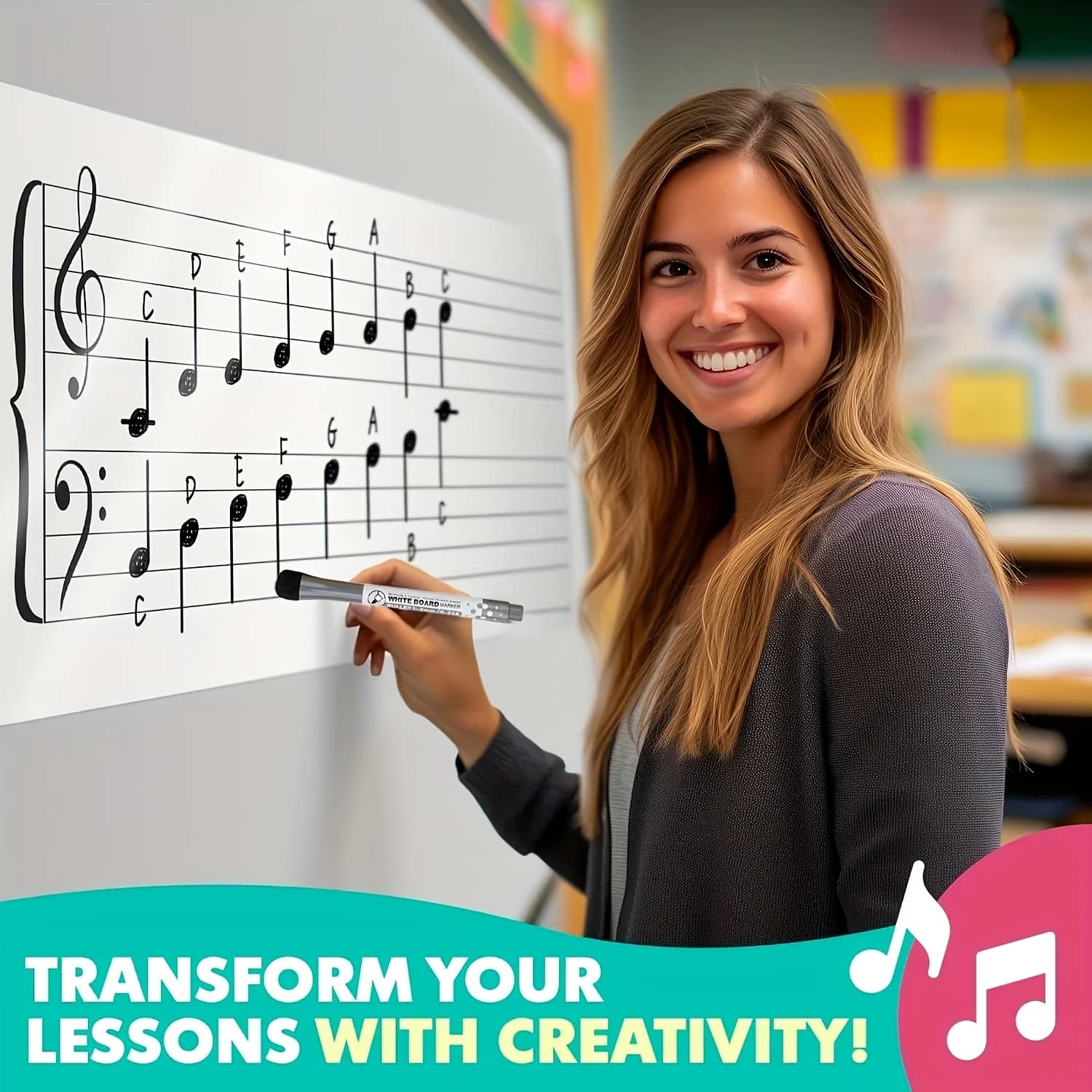 Set di pellicole magnetiche per note musicali Stave 2D piatte da 1 pezzo, adatto per la decorazione di piastrelle dell'aula domestica