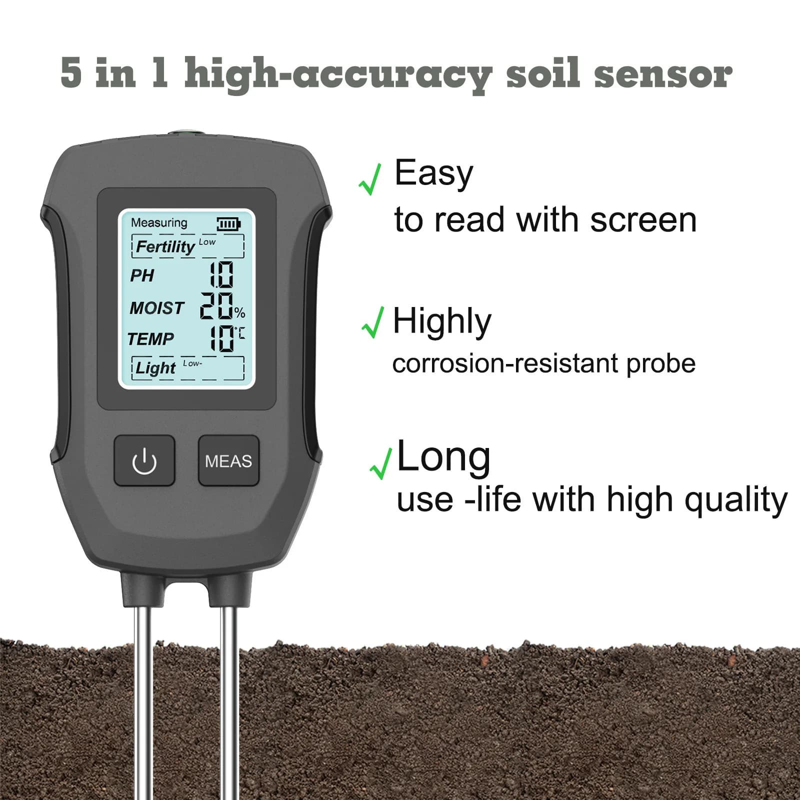 Screen display 5-in-1 soil detector Double needle high-precision moisture meter Temperature and humidity PH fertility light test
