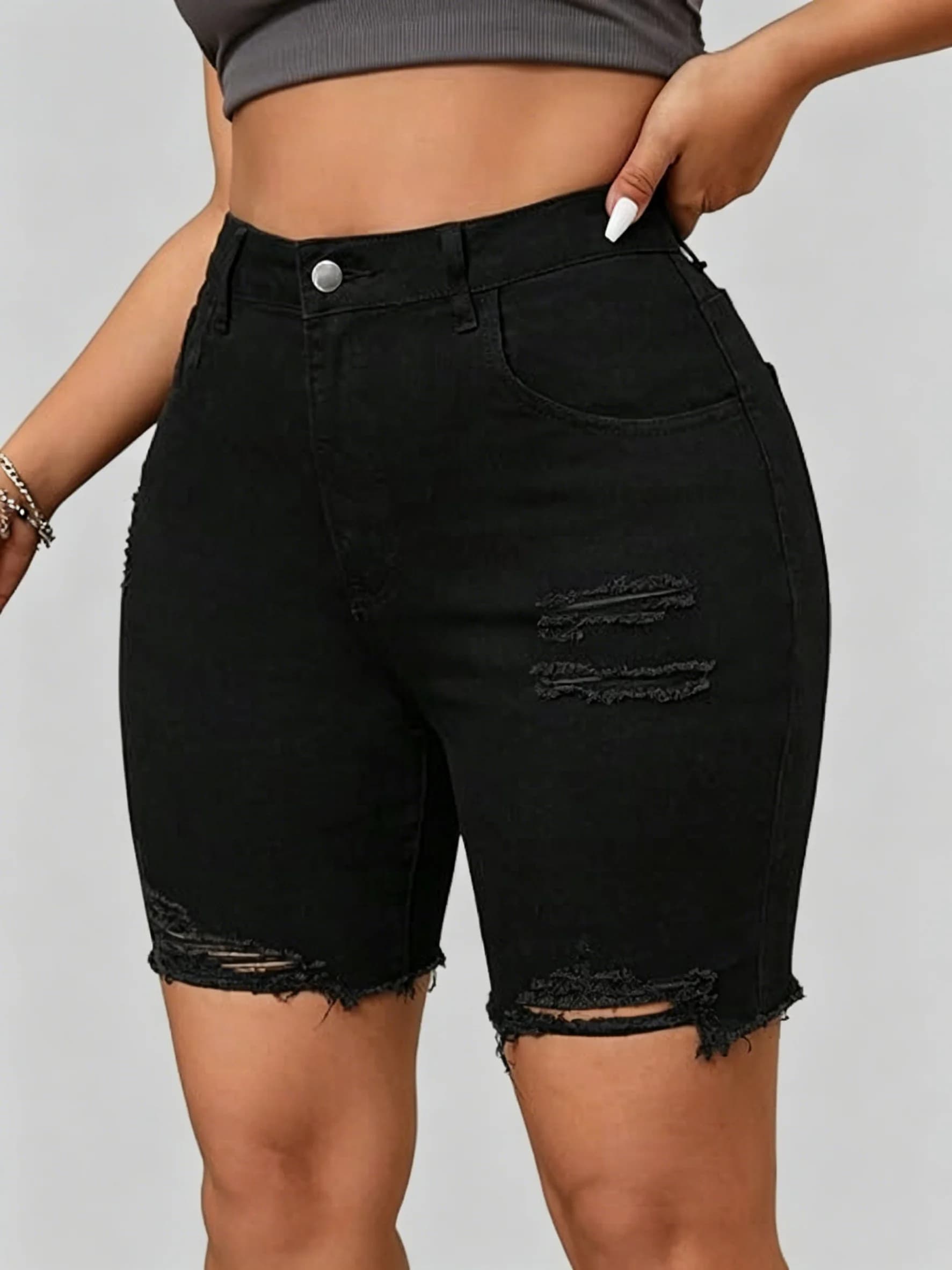 Plus Size Ripped Jeans for Women, High-Waisted Frayed Distressed Stretch Slim Shorts