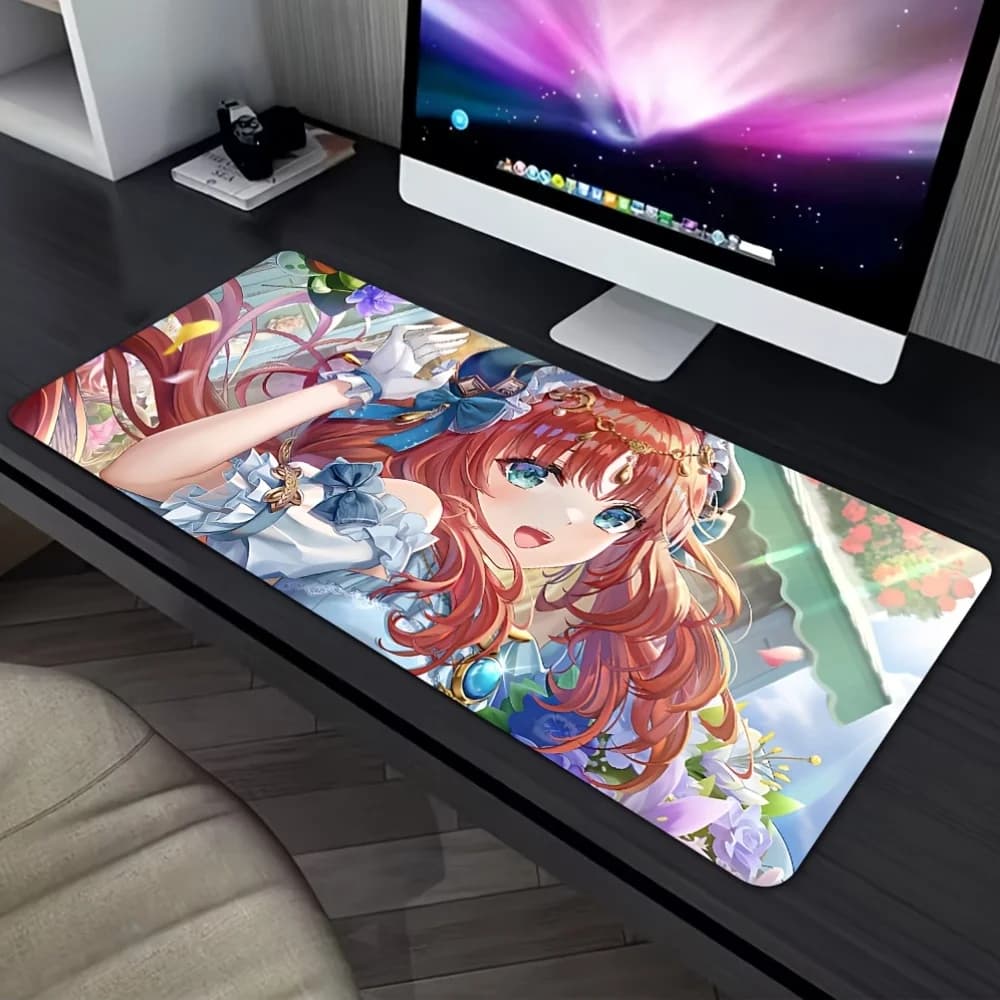 Tappetino per mouse grande in stile anime con ragazza Lolita dai capelli rossi, motivo con fiocco blu, tappetino da scrivania antiscivolo per gaming