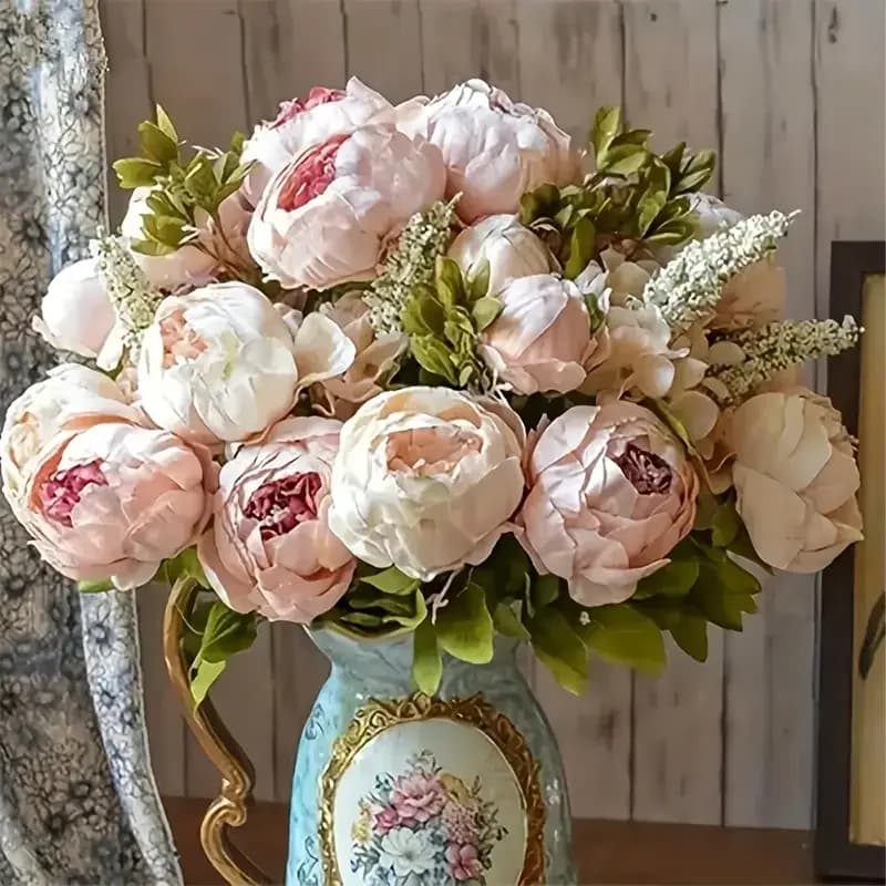 13 Realistic Artificial Flowers Bouquet with Champagne Peony - Elegant home and wedding decoration, DIY crafts, wedding decoration