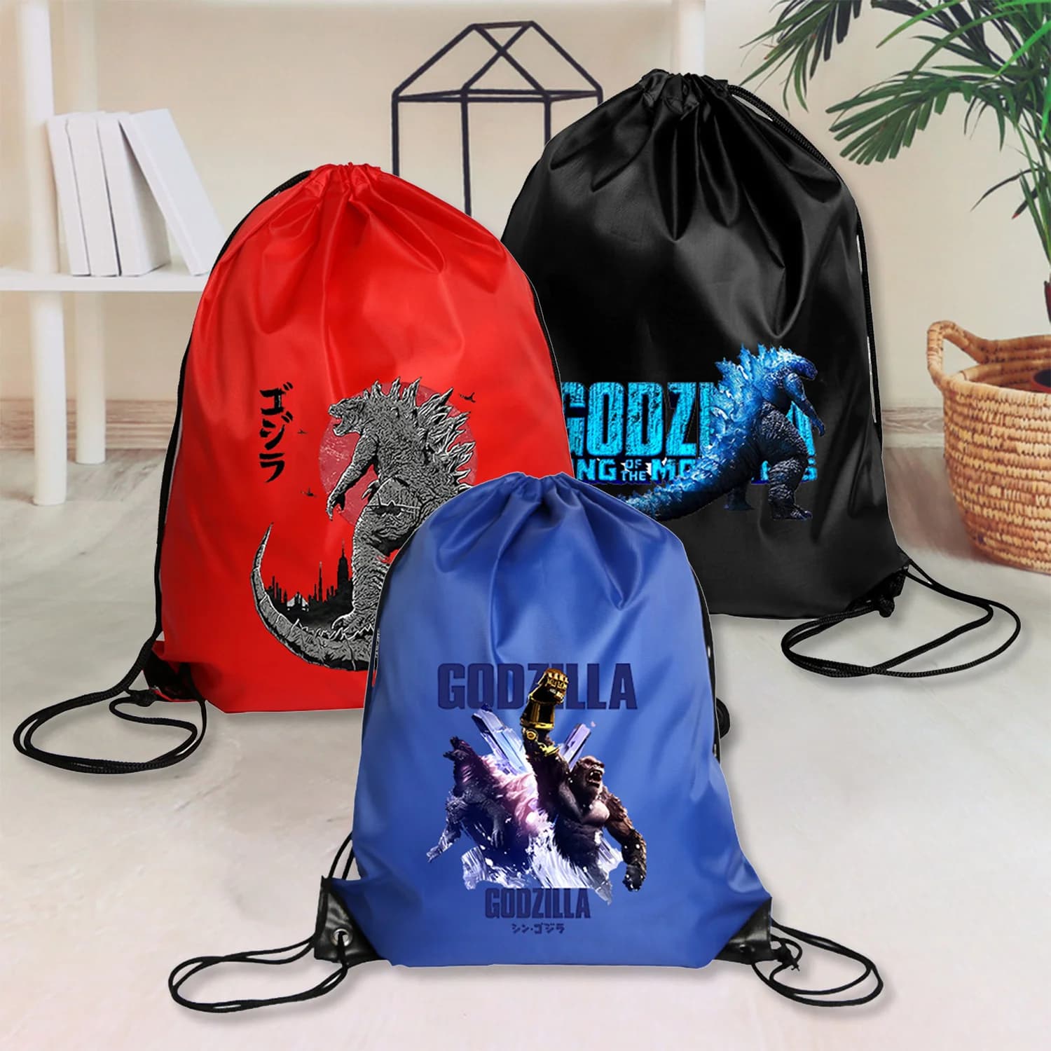 Godzilla Zaino da equitazione Palestra Scarpe con coulisse Borsa Zaini portaoggetti per vestiti Pacchetto impermeabile Tasca per cintura Borse sportive portatili