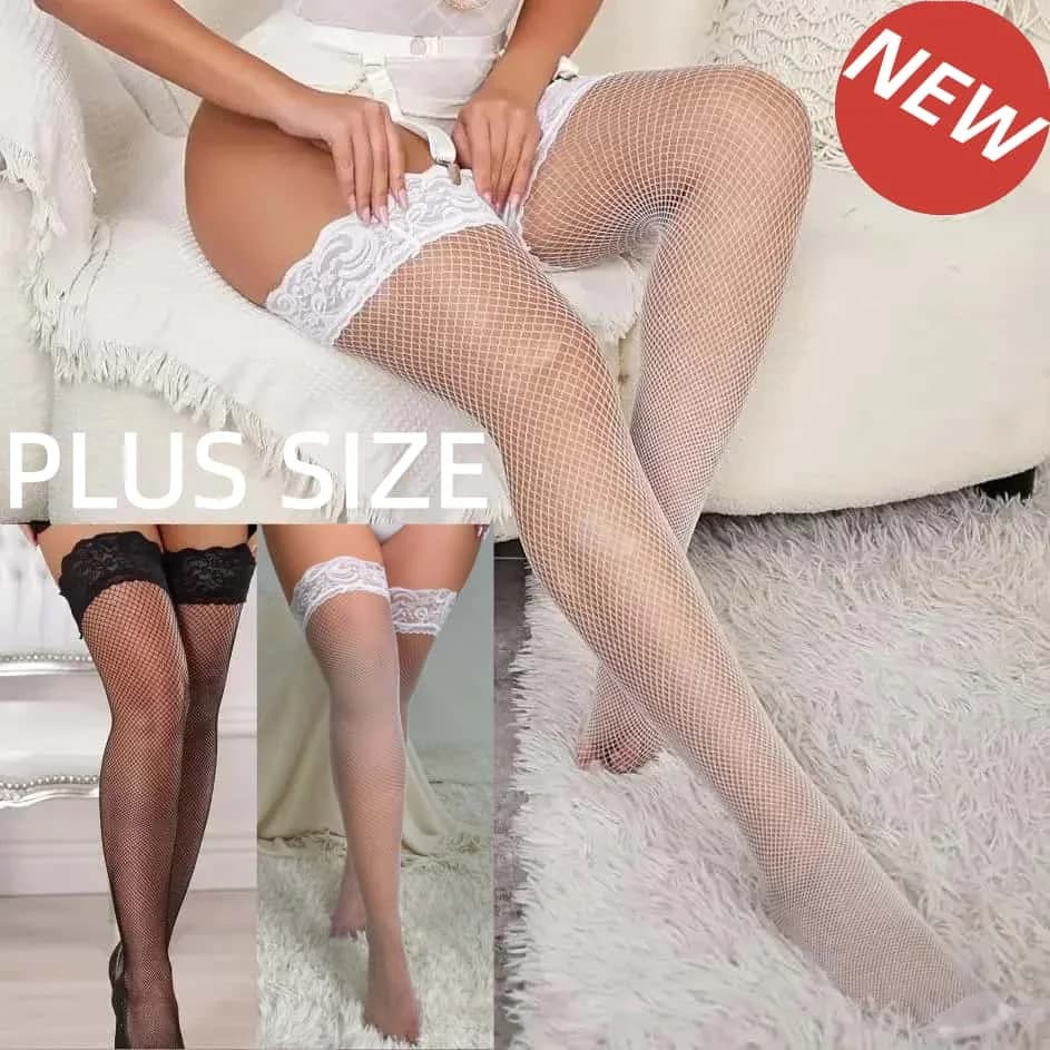 Plus Size Women's Over Knee white Stockings with Silicone Non-slip black fishnet Hollow Out Tight High Long socks 3XXXL