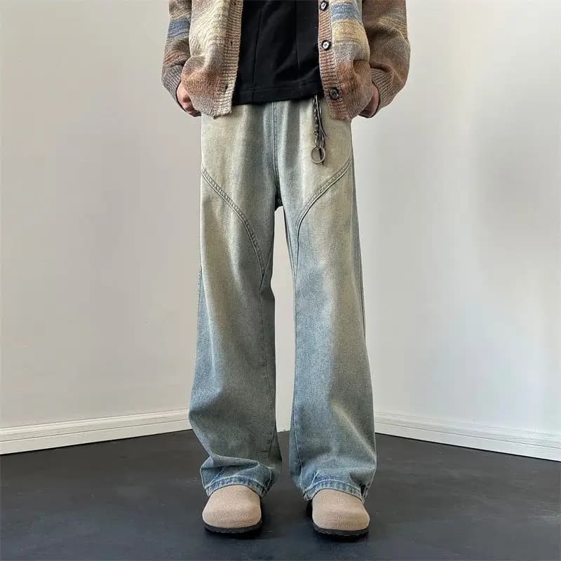 Pantaloni jeans blu lavati impiombati a gamba larga larghi alla moda da uomo in stile vintage americano High Street