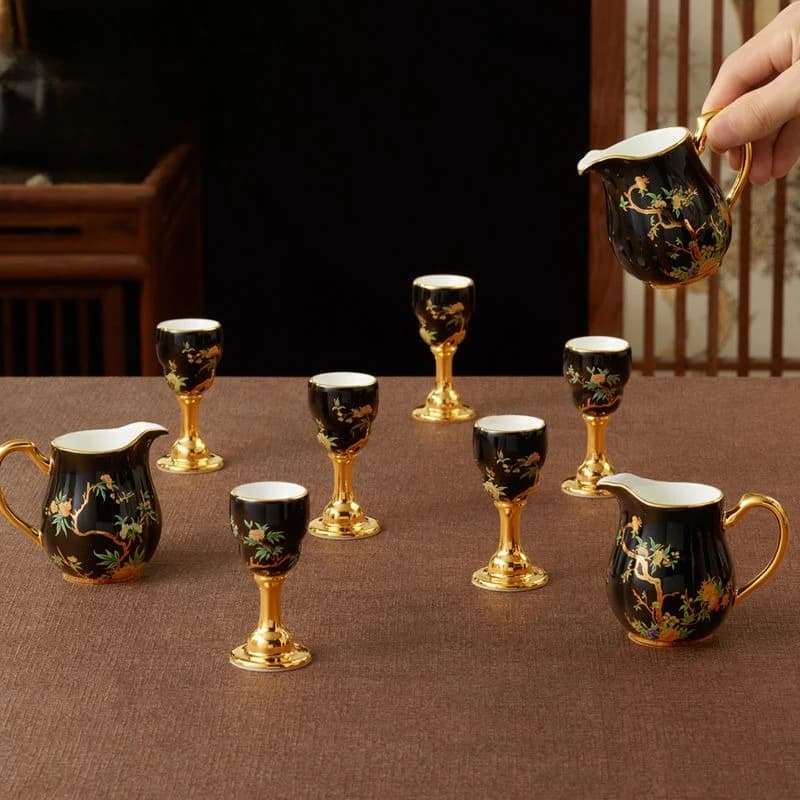 Set da vino in ceramica per la casa, dispenser per vino a 9 becchi dipinto in oro, confezione regalo con bicchieri da vino.