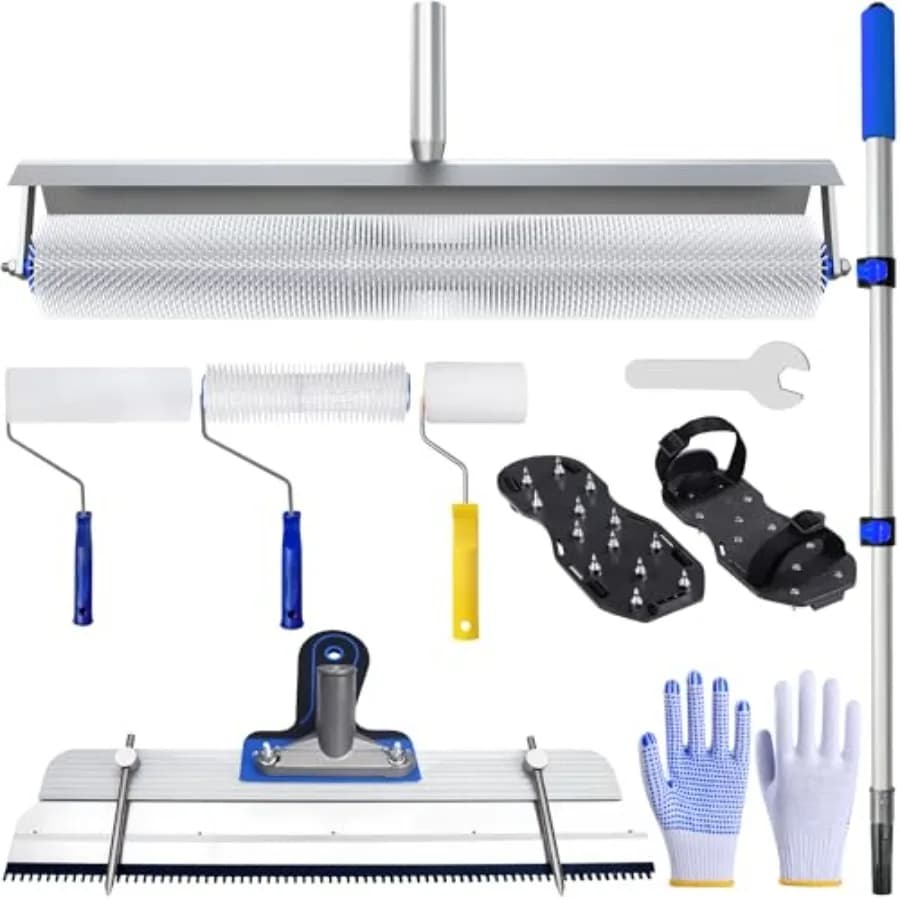 Kit di attrezzi per pavimenti in resina epossidica: Rullo a punte da 20 pollici, Rastrello da 18 pollici, Rullo a punte da 9 pollici, Spazzola per pavimenti da 9 pollici, Spazzola per dettagli da 4 pollici, Scarpe con punte, Guanti