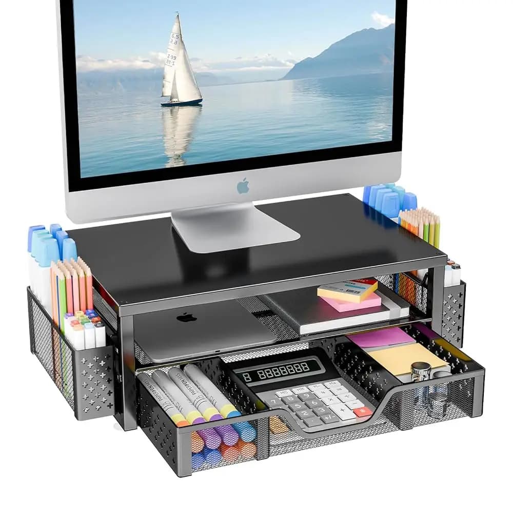 Organizzatore da Scrivania e Accessori, Supporto per Monitor a 2 Livelli con Cassetto e 2 Portapenne per Forniture da Ufficio, Nero