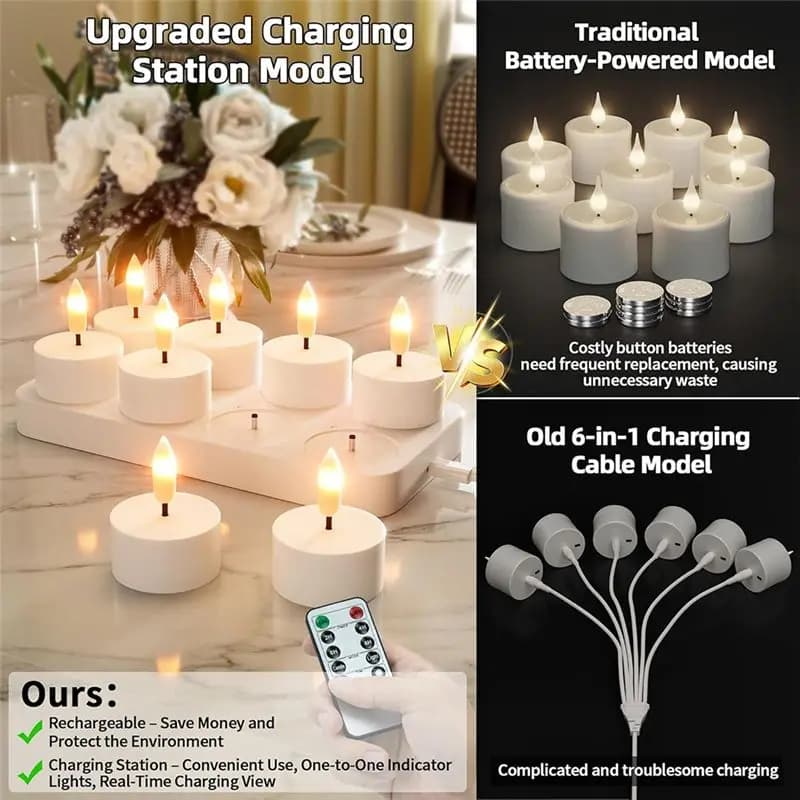Candele LED Innovativi Ricaricabili Senza Fiamma con Stazione di Ricarica, Set da 8 Pezzi con Telecomando e Timer