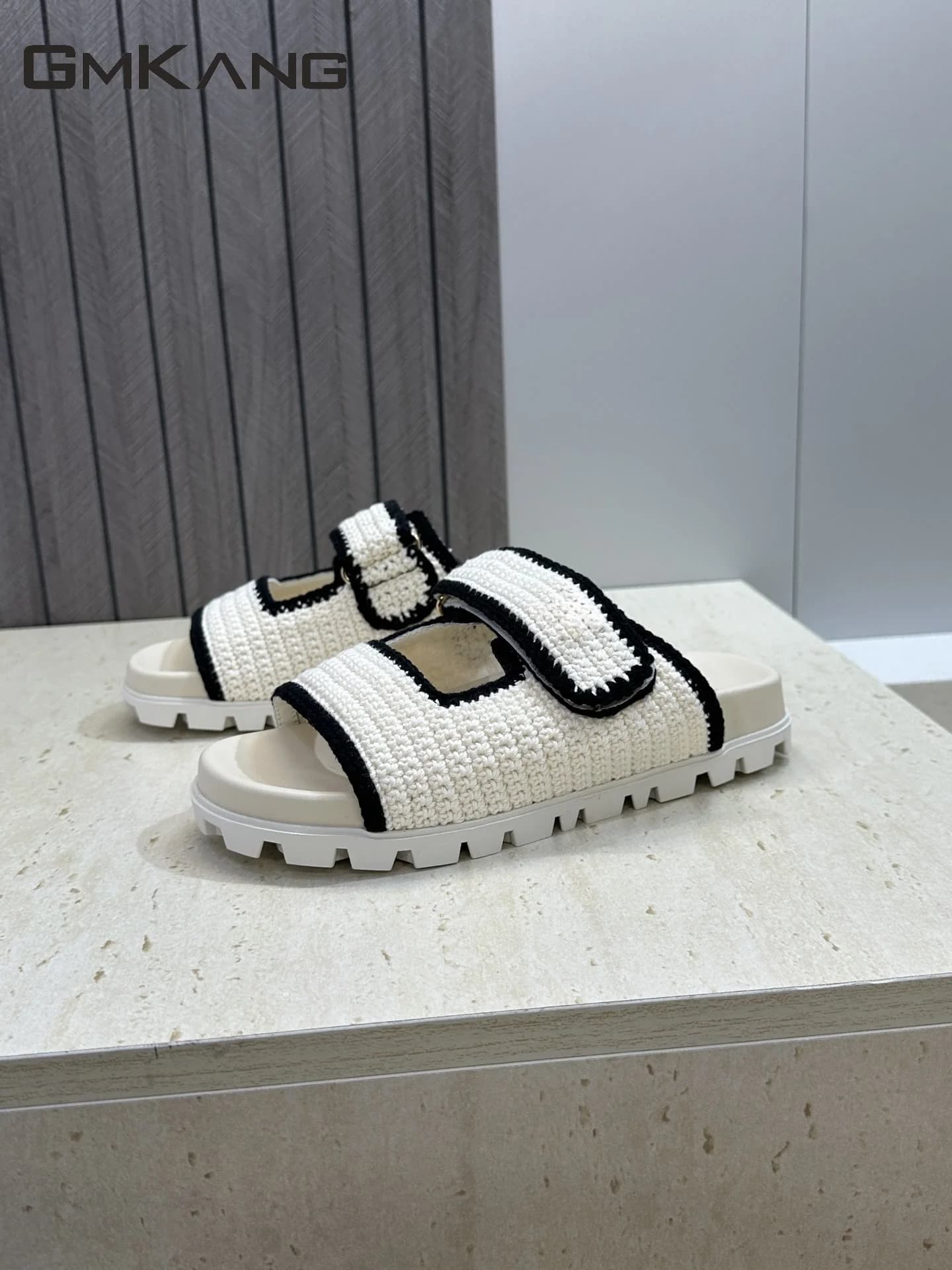 Women Knitted Slide Sandals Velcro Strap Platform Slippers Summer Casual Open Toe Thick Sole Fashion Ladies Walking Slides