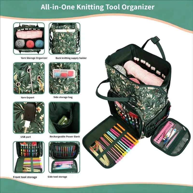 Knitting Storage Bag with Flower Oxford Fabric Sewing Tool Organiser with Multi Zippered Pocket for Needle, Crochet Hook and