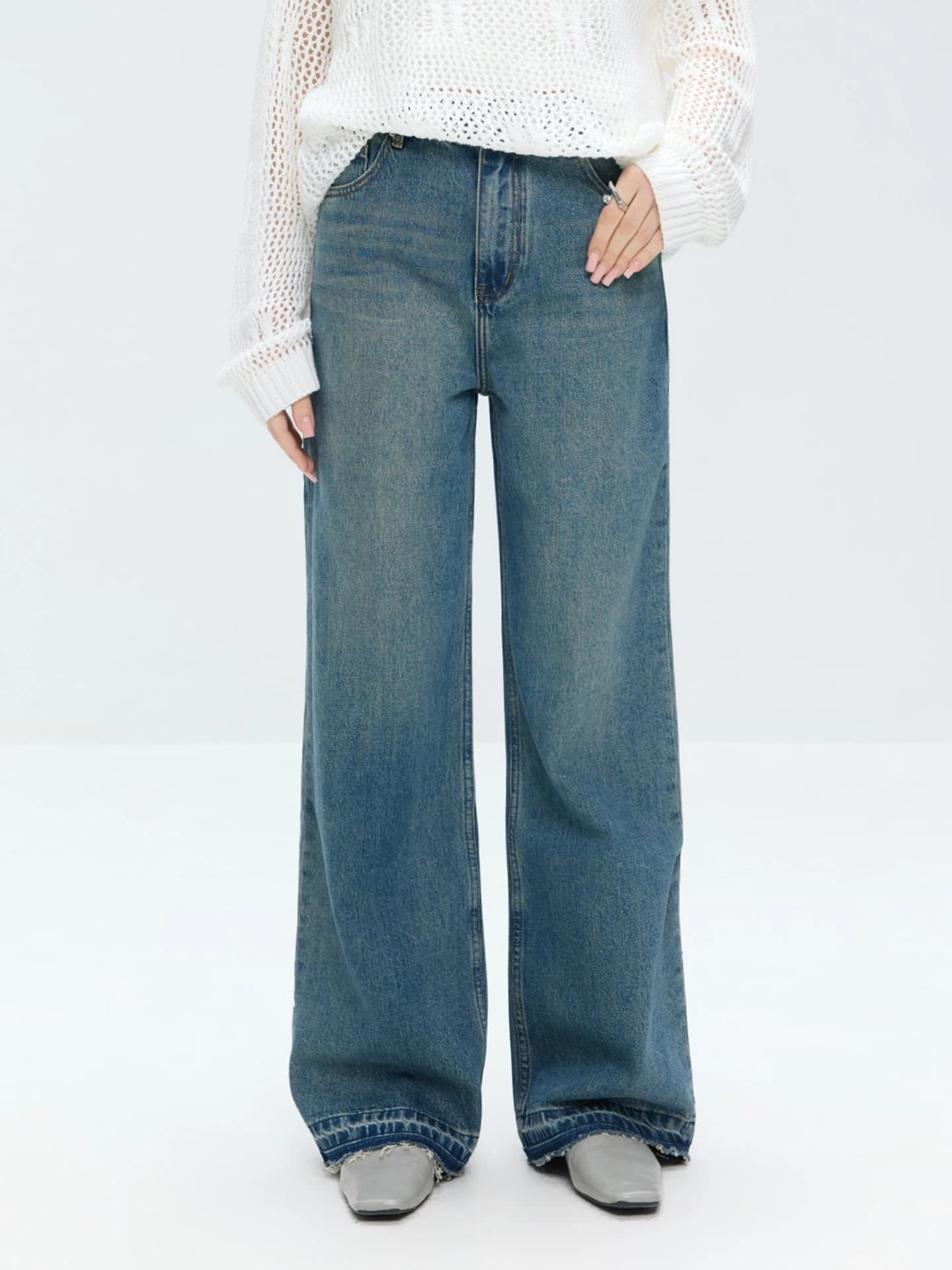 Jeans in denim blu a vita alta e gamba dritta da donna, pantaloni casual in cotone lavato vintage, pantaloni a gamba larga snellenti Primavera 2026