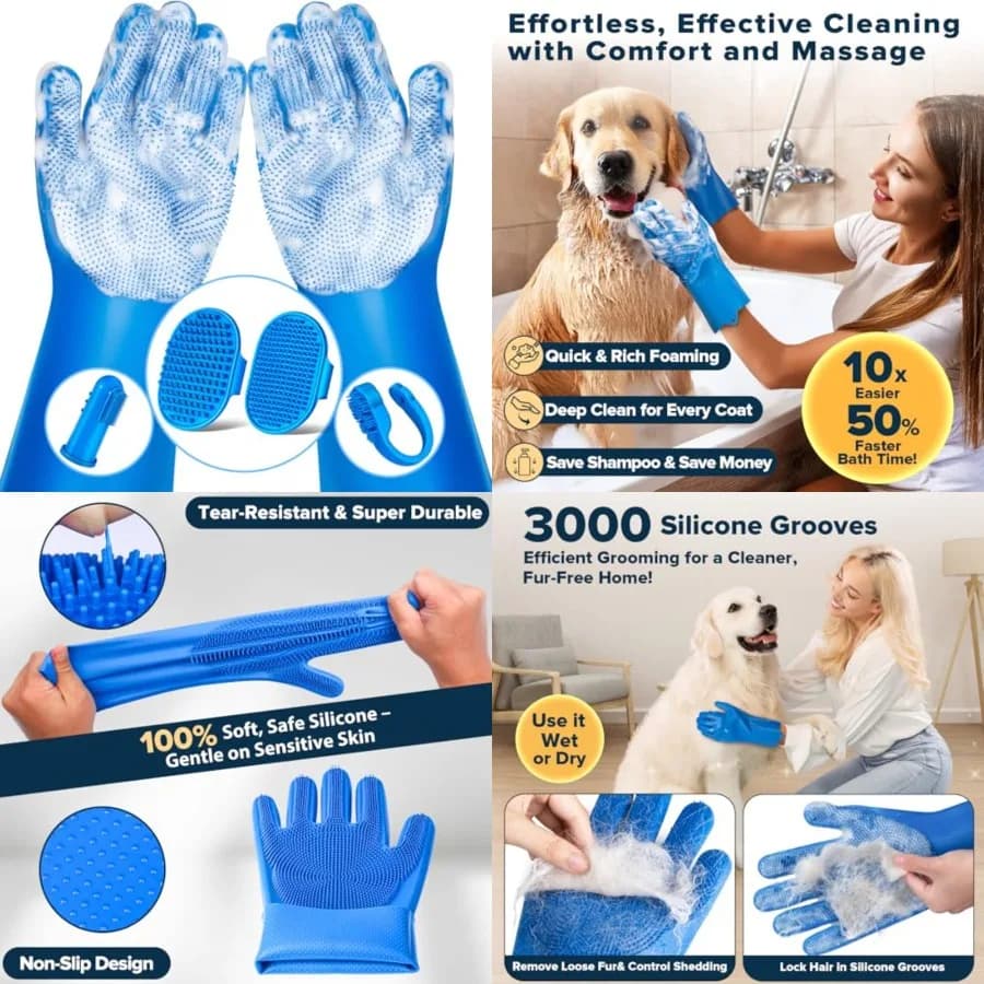 Kit da 6 Pezzi per la Toelettatura di Cani, Gatti e Cavalli: Guanti per il Lavaggio, Guanti per la Pulizia, Spazzola per il Bagno, Guanti da Bagno per Cani, Shampoo per Cani