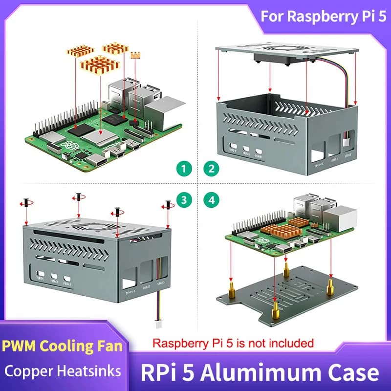 Raspberry Pi 5 Metal Shell with Cooling Fan Pure Copper Heatsinks Active Passive Heat Dissipation Aluminum Alloy Case for Pi 5