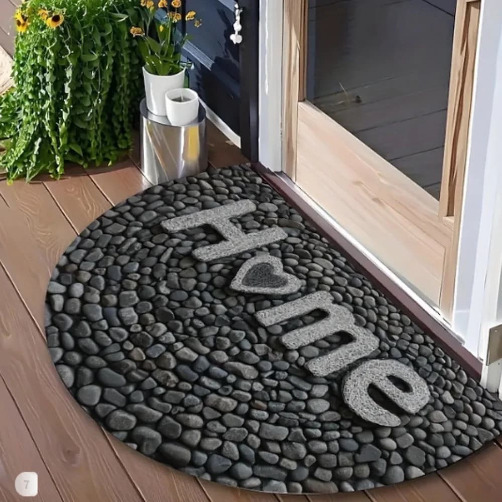 Tappeto a Mezza Luna con Motivo Ciottoli e Roccia di Fiume 2D, Decorazione per Casa, Ingresso, Porta, Scala, Testurizzato, Realistico, Antiscivolo