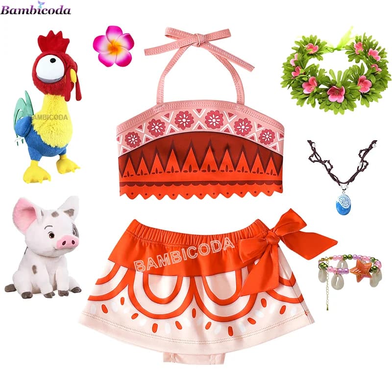 Nuovo Moana 2 Dress Girl Moana Princess Dress Cosplay baby Abito con bretella monospalla Accessori Set Abbigliamento da spiaggia per feste