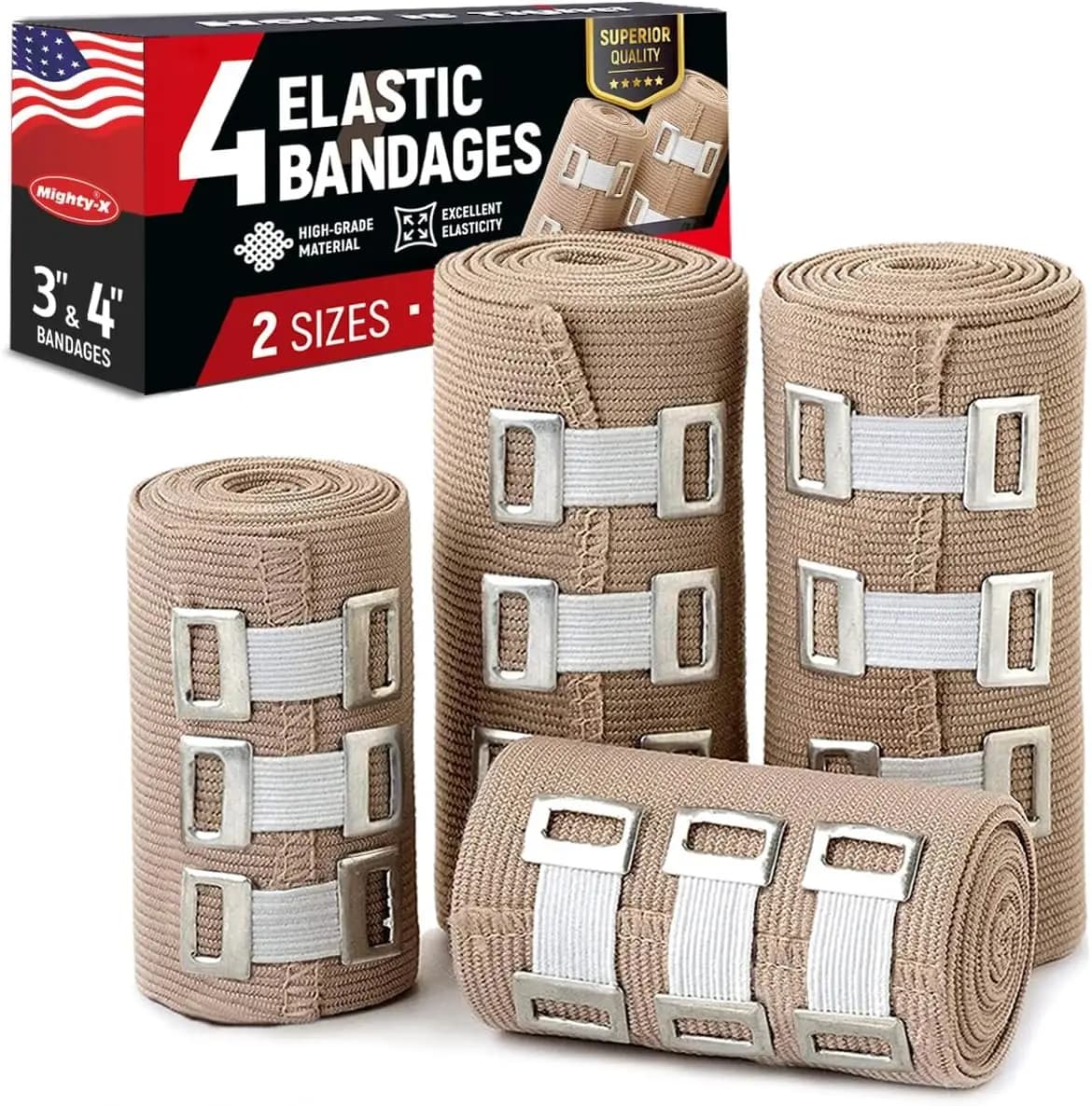 Benda elastica avvolgente 4 pezzi (2x3 pollici, 2x4 pollici) + 12 clip extra - Forte compressione per gamba, braccio, polso, gomito, caviglia, piede, ginocchio - Primo soccorso e recupero post-operatorio