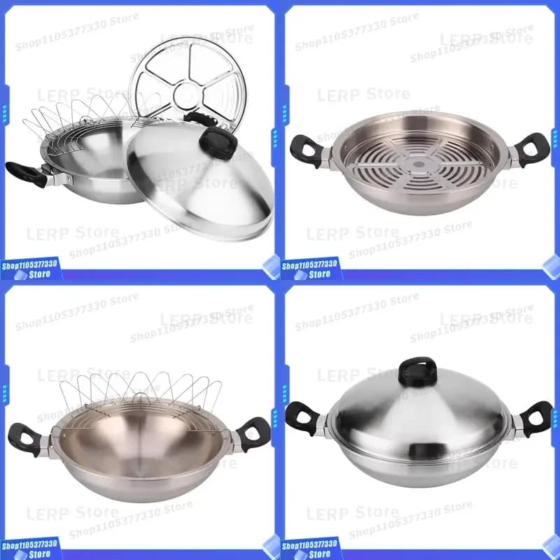 304 Stainless Steel Royal Pot Steaming Frying Pan Binaural Hot Pot Three In One Oil Drain Rack Induction Cooker Household