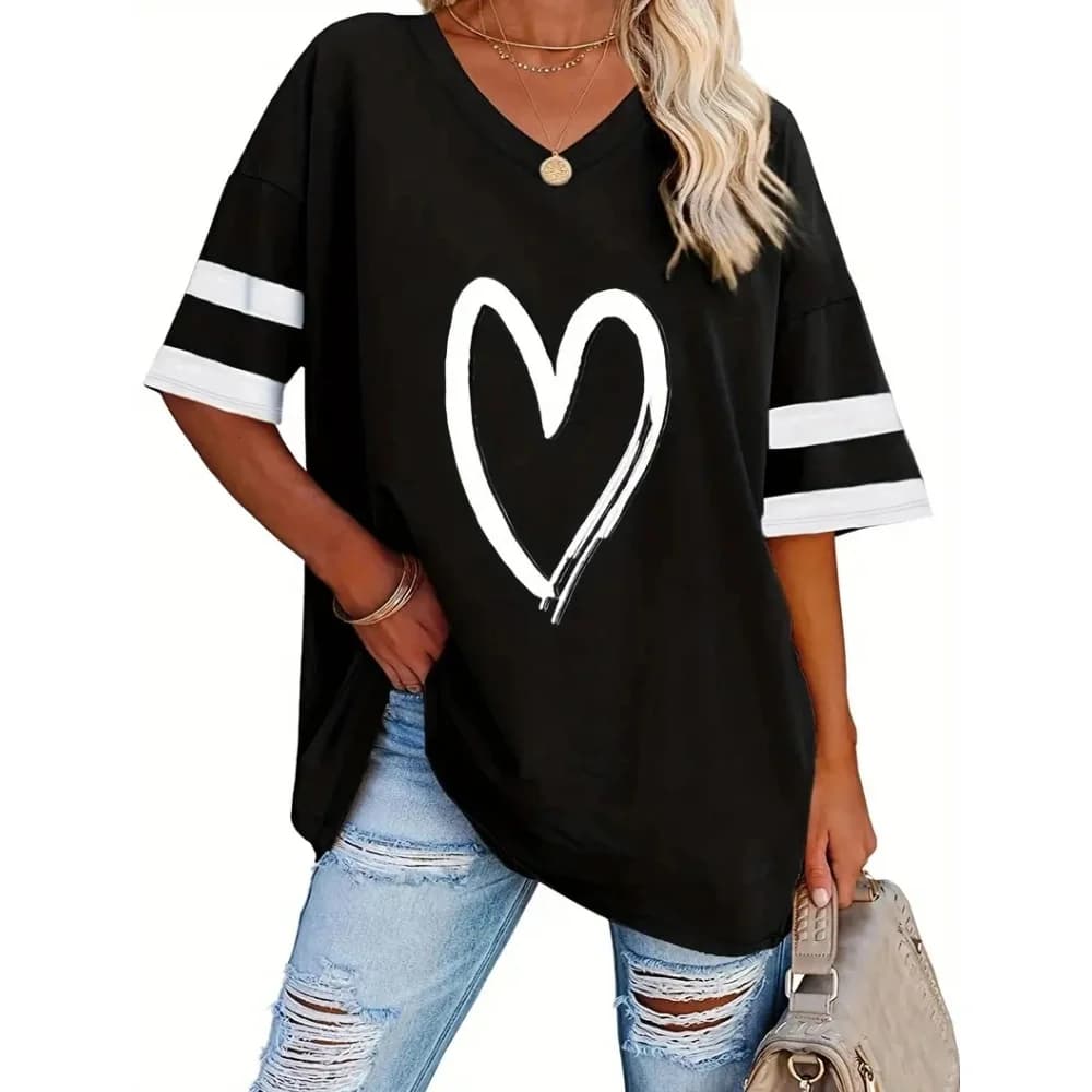 T-shirt con stampa 3D a forma di cuore estiva Donna Streetwear T-shirt casual Y2k Top Donna Harajuku Con scollo a V Tees Abbigliamento oversize