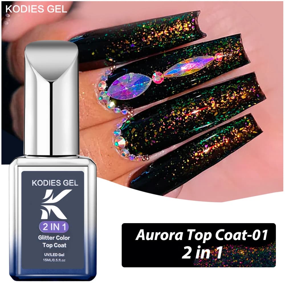KODIES GEL Top Coat Gel UV Ultra Brillant smalto per unghie 15ML Semi permanente Verni Glitter Aurora Chrome Top tutto per unghie Manicure