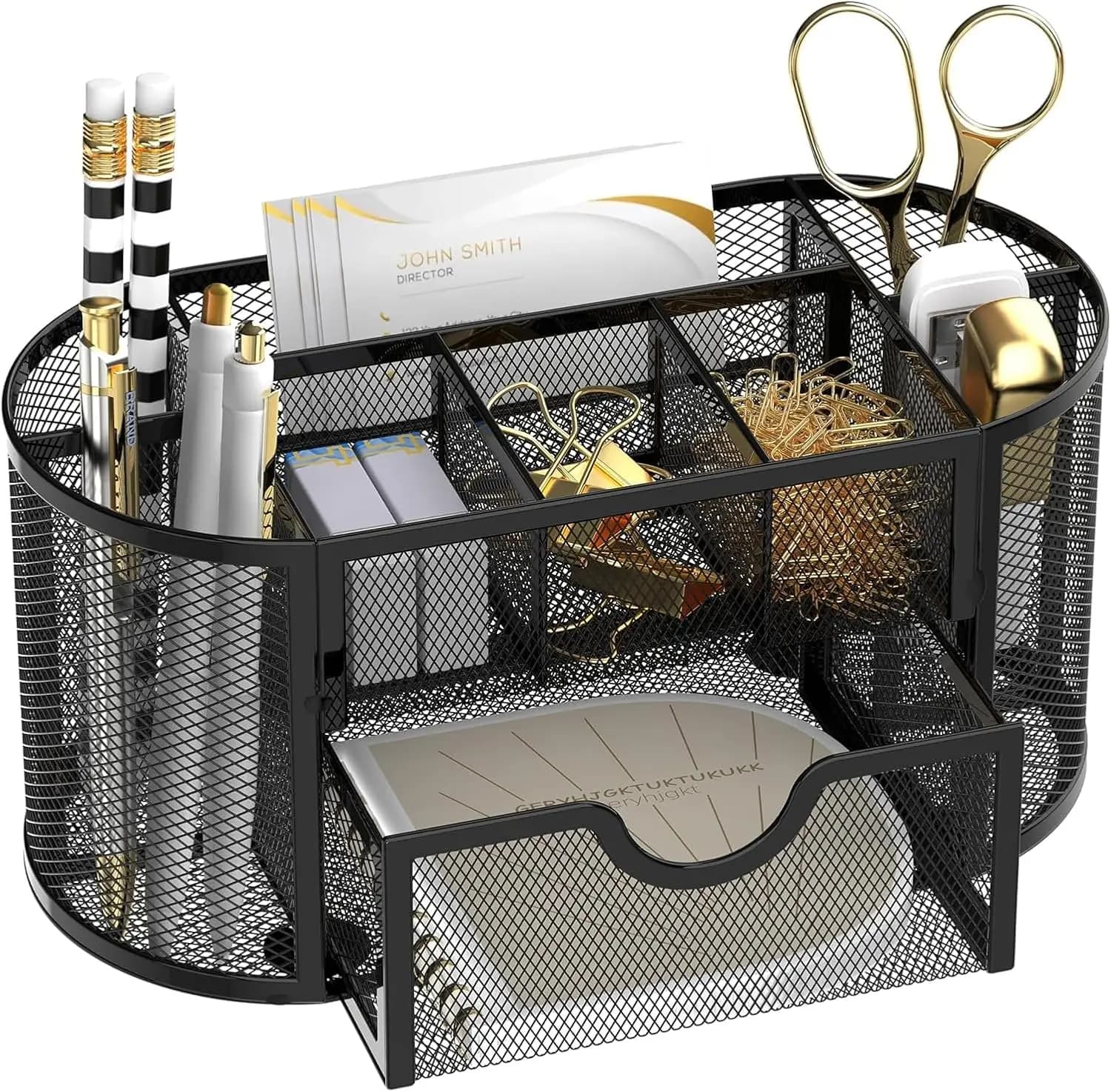 Organizer da scrivania in rete con cassetti, portapenne a 9 scomparti per forniture da ufficio, accessorio nero per lo spazio di lavoro
