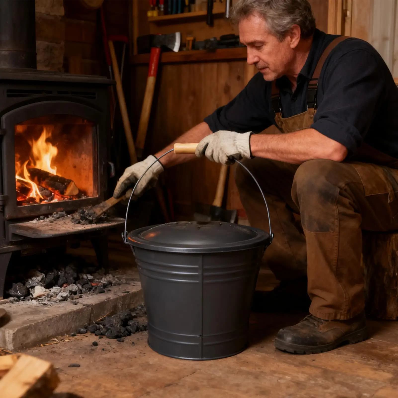 Secchio per cenere per camino Strumenti portatili per la pulizia del metallo Grande contenitore per cenere con set di strumenti per caminetto per focolare all'aperto per la casa
