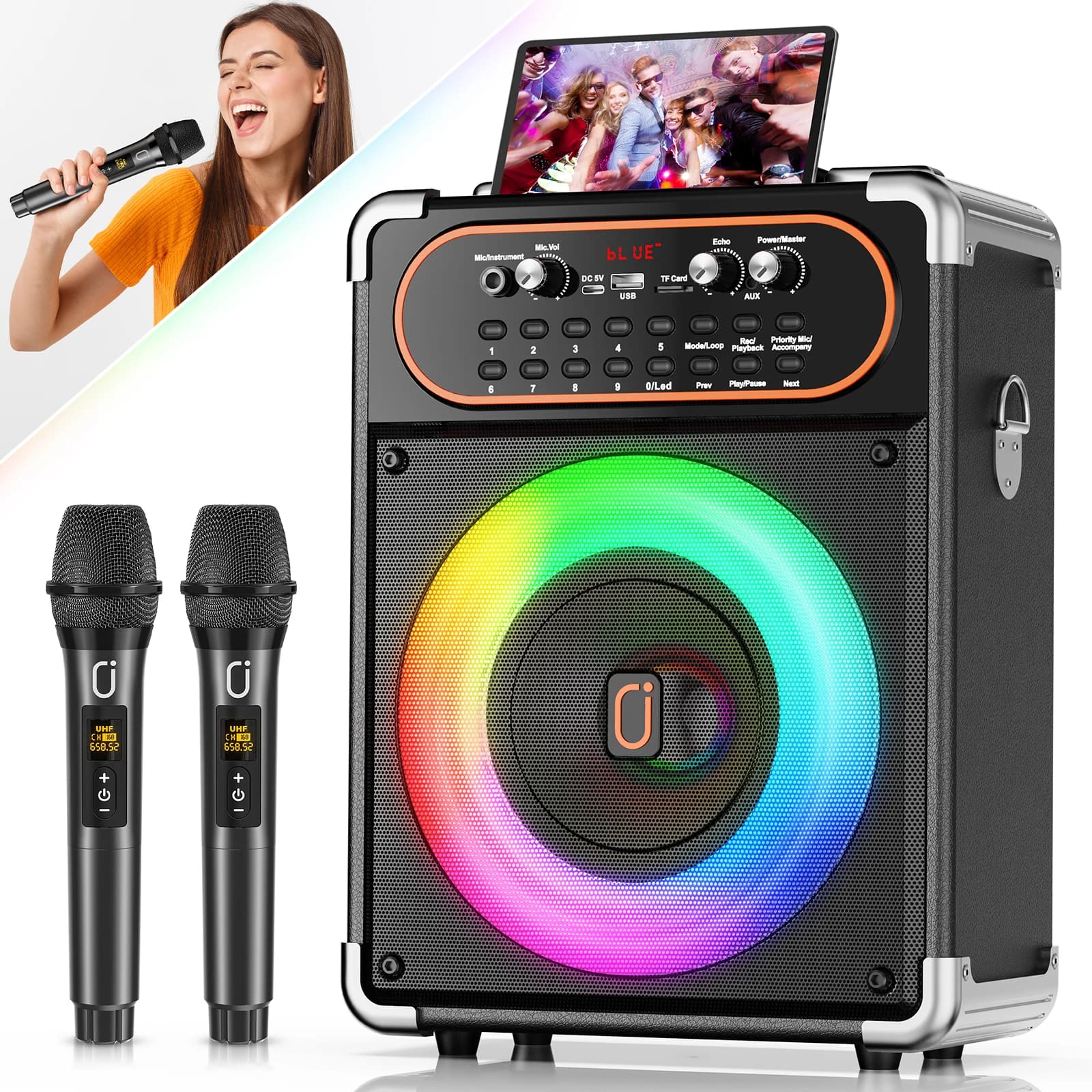 S68 Kara Ok con 2 microfoni, altoparlante portatile Bluetooth 5.3 Kara Ok, regolazione dell'eco, supporta TV tramite connessione ausiliaria