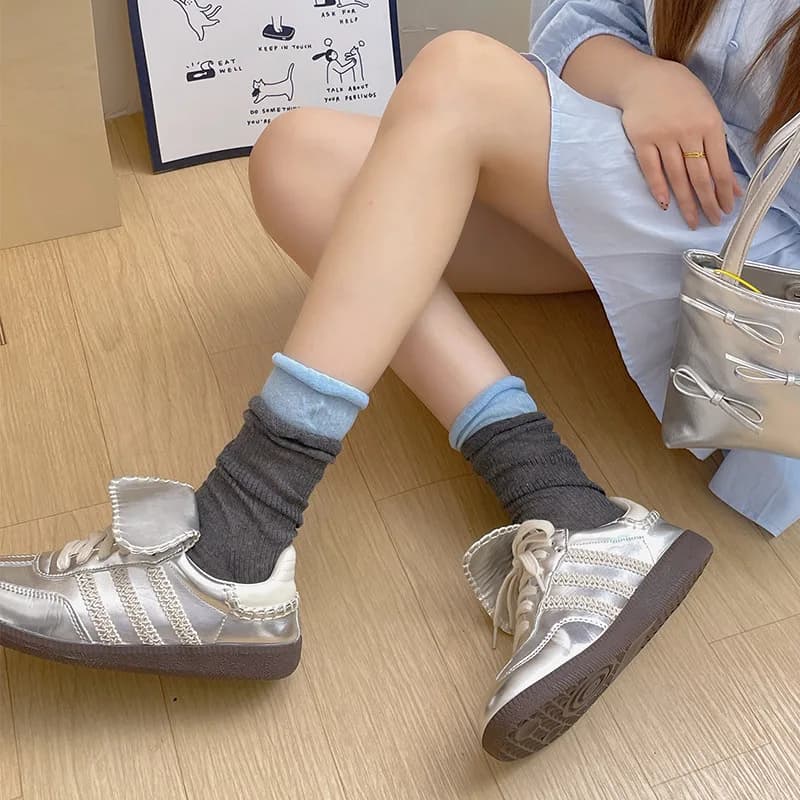 Women mid calve socks with rolled edge, multicolored short socks with summer and spring vertical stripes, simple long socks