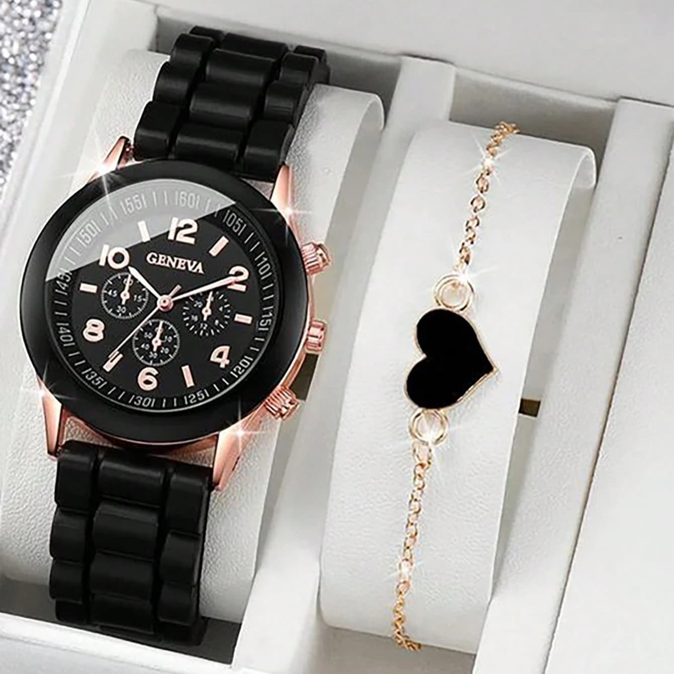 2 pezzi/set orologio di Ginevra moda cinturino in silicone orologi al quarzo da donna set di gioielli a forma di cuore (senza scatola)