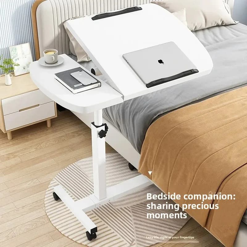 Tavolino da letto regolabile in altezza, scrivania mobile per laptop con doppio piano inclinabile, supporto da comodino con ruote