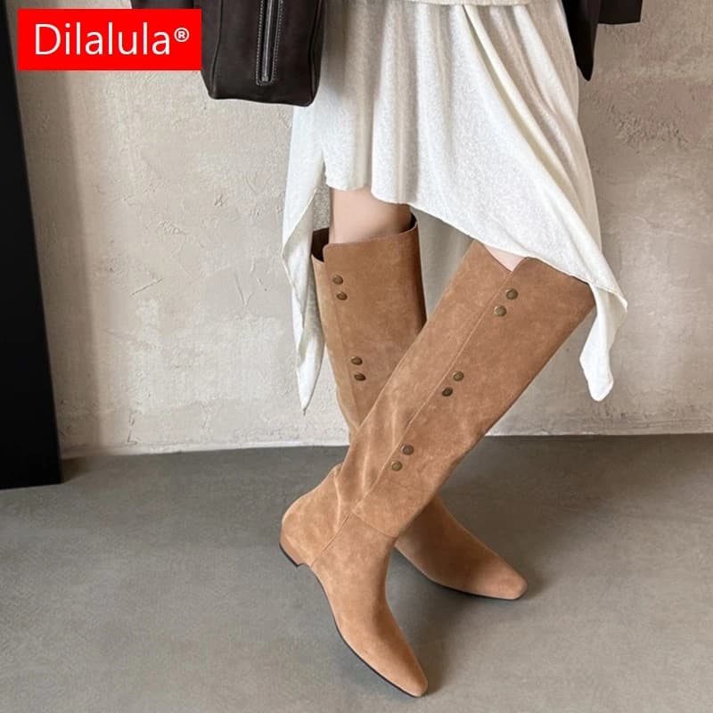 Dilalula 2025 Women's knee boots in real cow suede Low heels Pressure cotton Long casual boots Women's shoes for parties