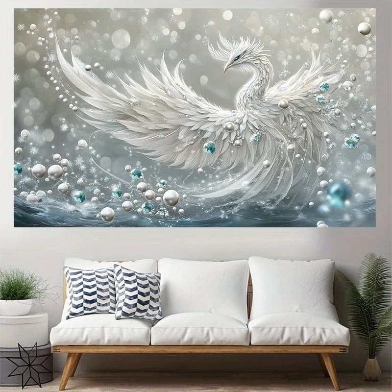 White Phoenix Tapestry Mythical Bird Crystal Wings Fantasy Art Wall Hanging Home Decor Free Hooks Included Elevate Your Space