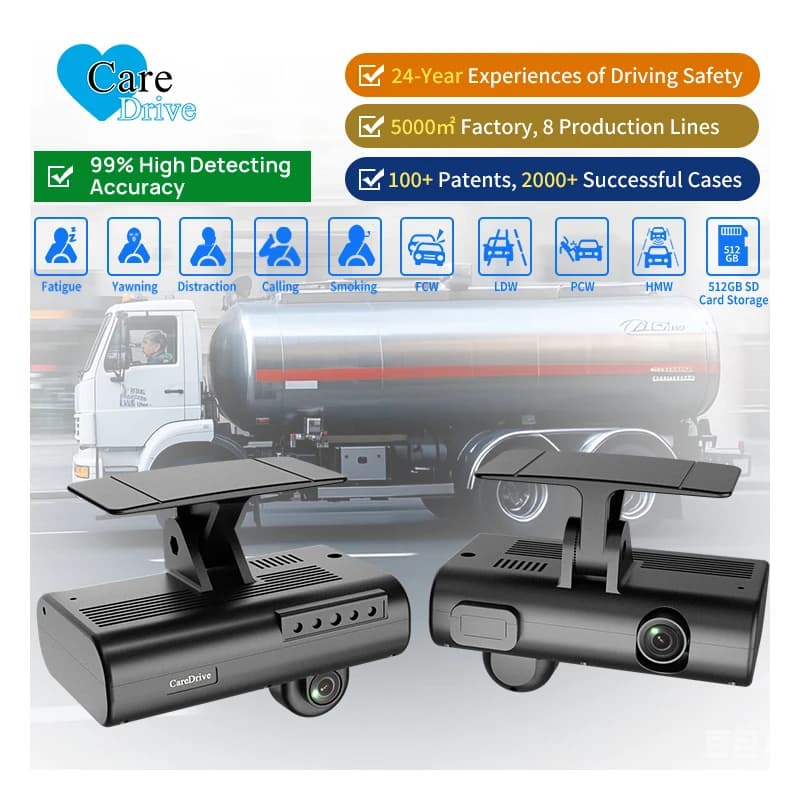 CareDrive 1080p dual lens Dashcam with DSM and ADAS FCW LDW HMW PCW AI Pedestrian detection for cars and forklifts