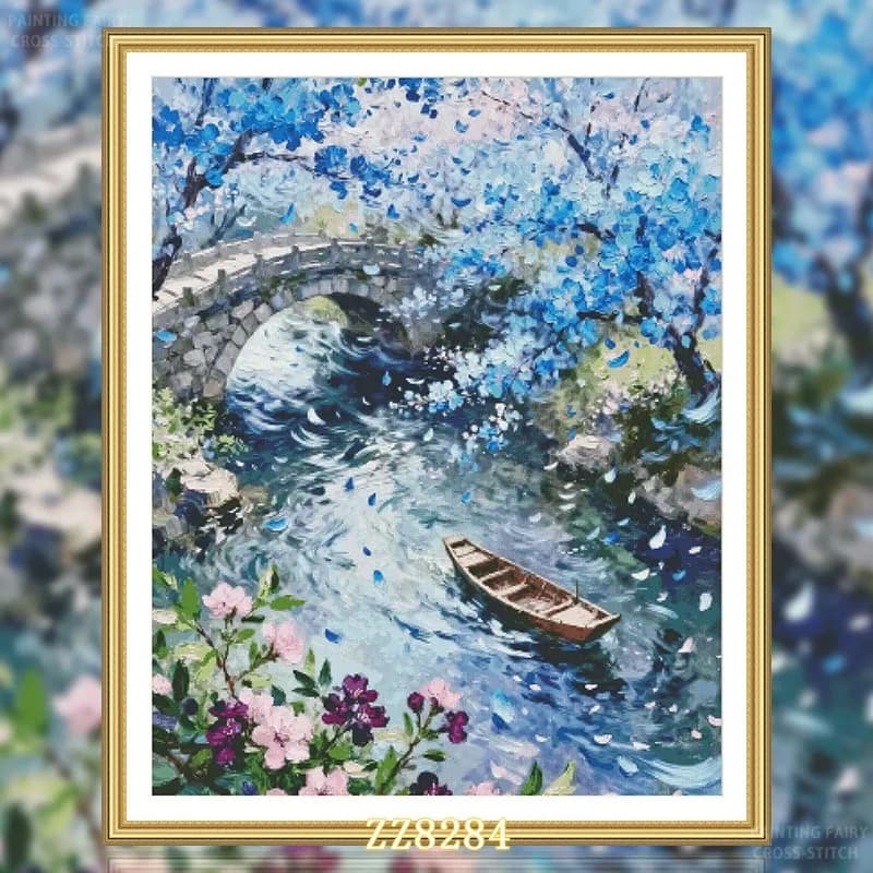 ZZ8284 Blue Flowers Landscape 14CT 16CT 18CT Stamped Cross Stitch DIY Set Chinese Pattern Kit Needlework Embroidery 127 Colors