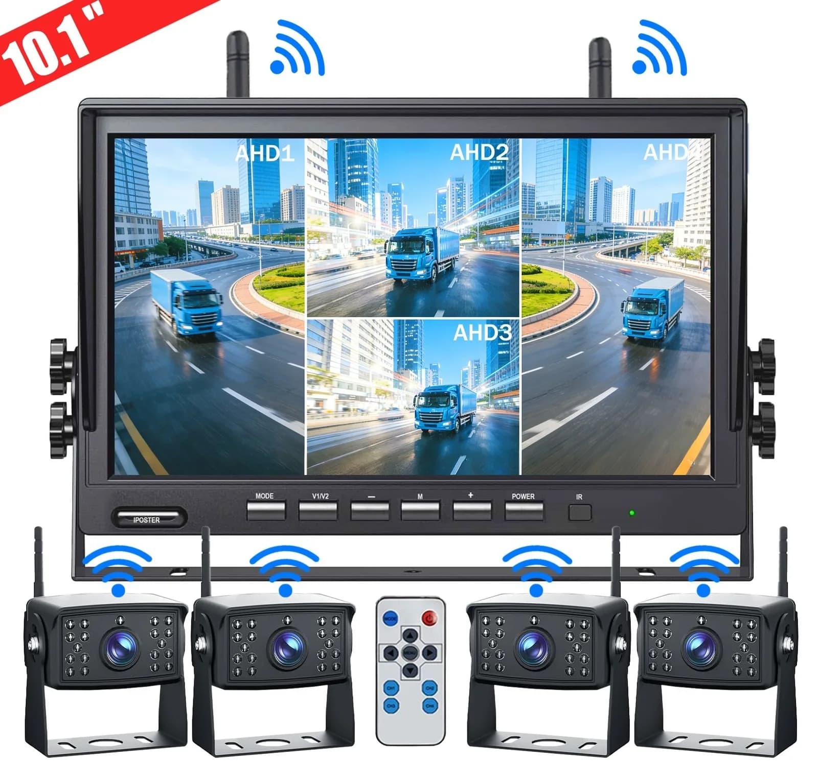 Monitor Digitale Wireless HD 10.1" Lastbus con DVR a 4 Canali 1080P AHD, Telecamera di Retromarcia con 18 LED IR 12V-24V per Camper/Camion/Autobus/Rimorchi