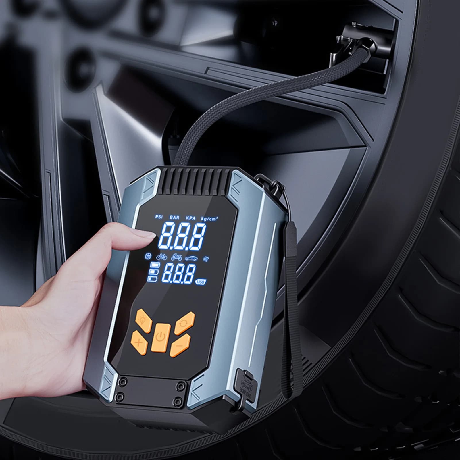 Gonfiatore per pneumatici senza fili 150PSI Spegnimento automatico 6000mAh Pompa per pneumatici per auto elettrica portatile con manometro Luce a LED per moto
