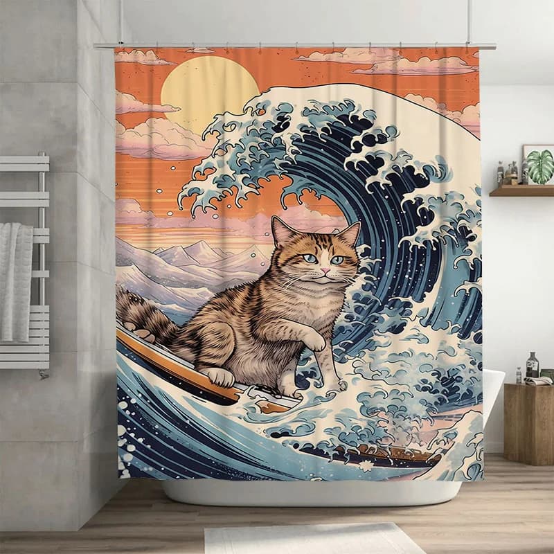 Tenda da doccia per tavola da surf con gatto dell'onda dell'oceano, a strisce di marea, felini, per interni, per decorazioni per il bagno, in tessuto personalizzabile, per la casa, modell artistico