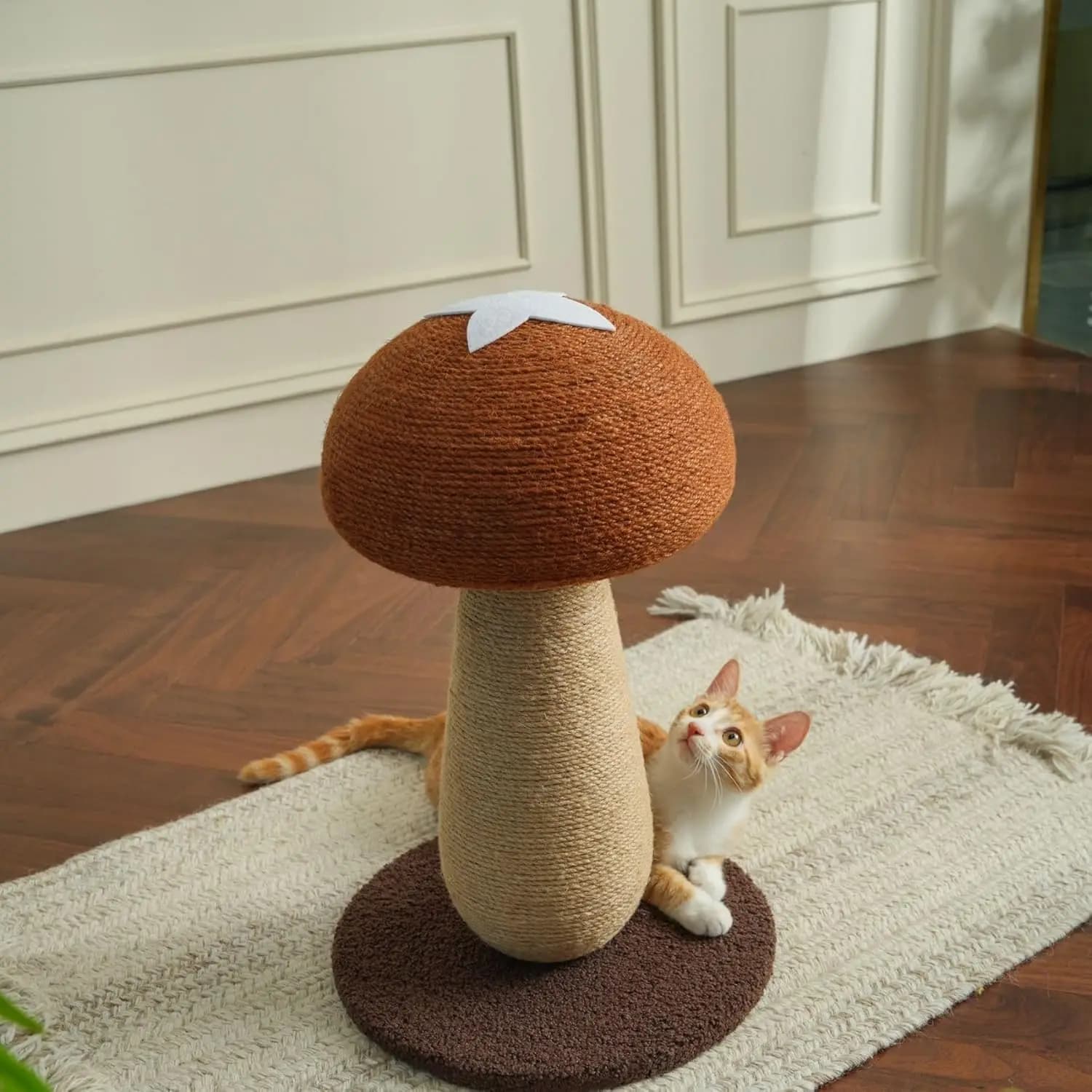 Tiragraffi per gatti con funghi Shiitake - Tiragraffi in sisal al 100% con giocattolo con pompon, simpatico design Shiitake per gatti da interni