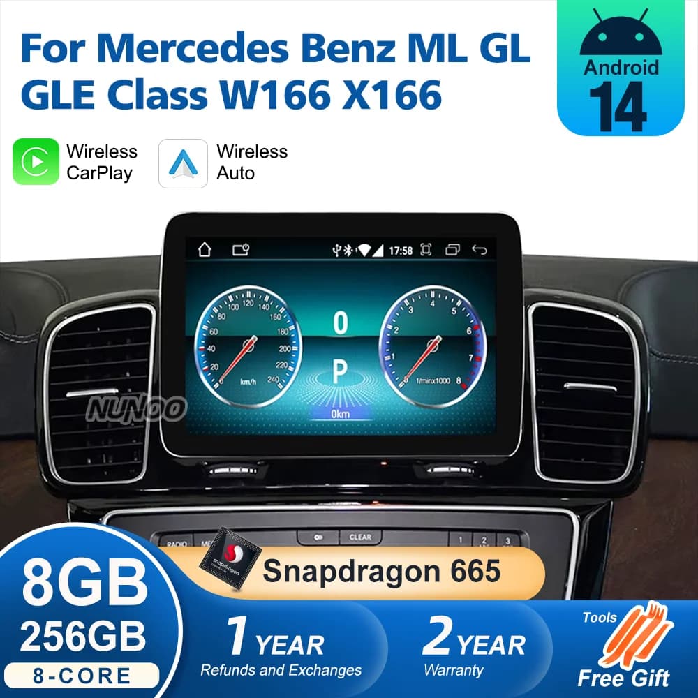 CarPlay Wireless per Mercedes Benz Classe ML GL GLE W166 X166, Lettore Multimediale Android Auto, Radio, Navigatore GPS, Schermo Android 14