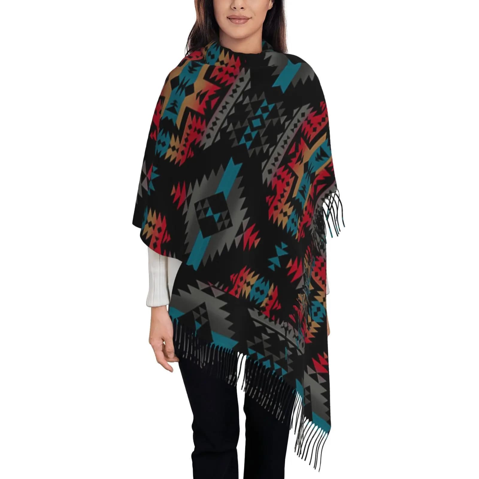 Navajo Print Cozy Winter Tassel Scarf Oversized Fringe Wrap for Women Cold Weather Camping Travel Holiday Casual Work Accessory