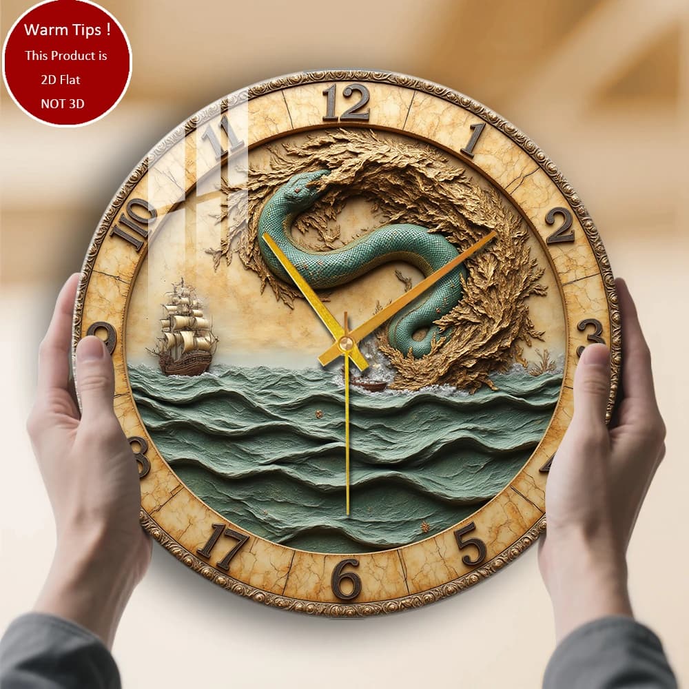 Tempered glass wall clock with snake ship waves, artistic clock suitable for wall decorations or table displays everywhere
