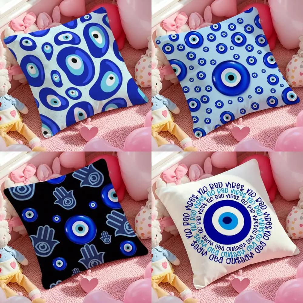 Cushion cover with devil eye symbol, dustproof, with invisible zipper, in soft silky plush, for sofa