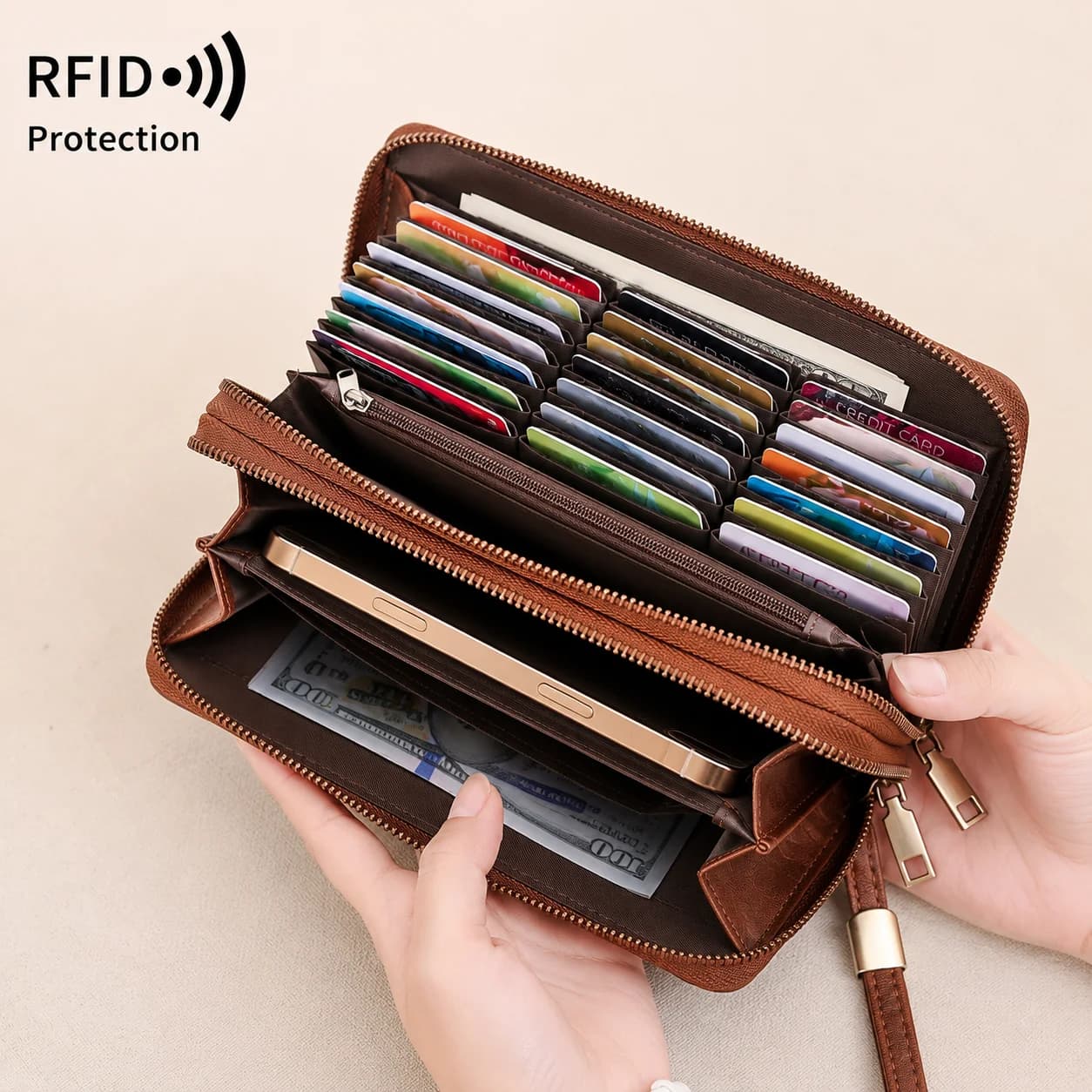 RFID Blocking Long Wallet Women Double Zipper Wristlet Wallet Large Capacity Card Holder Phone Passport Purse