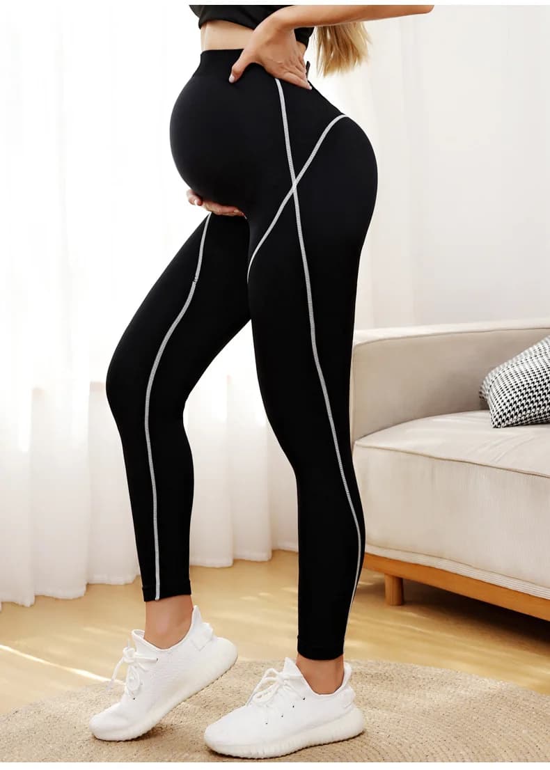Pantaloni Yoga Premaman a Costine, Leggings Premaman a Vita Alta Senza Cuciture, Pantaloni Sportivi Casual Premaman da Donna
