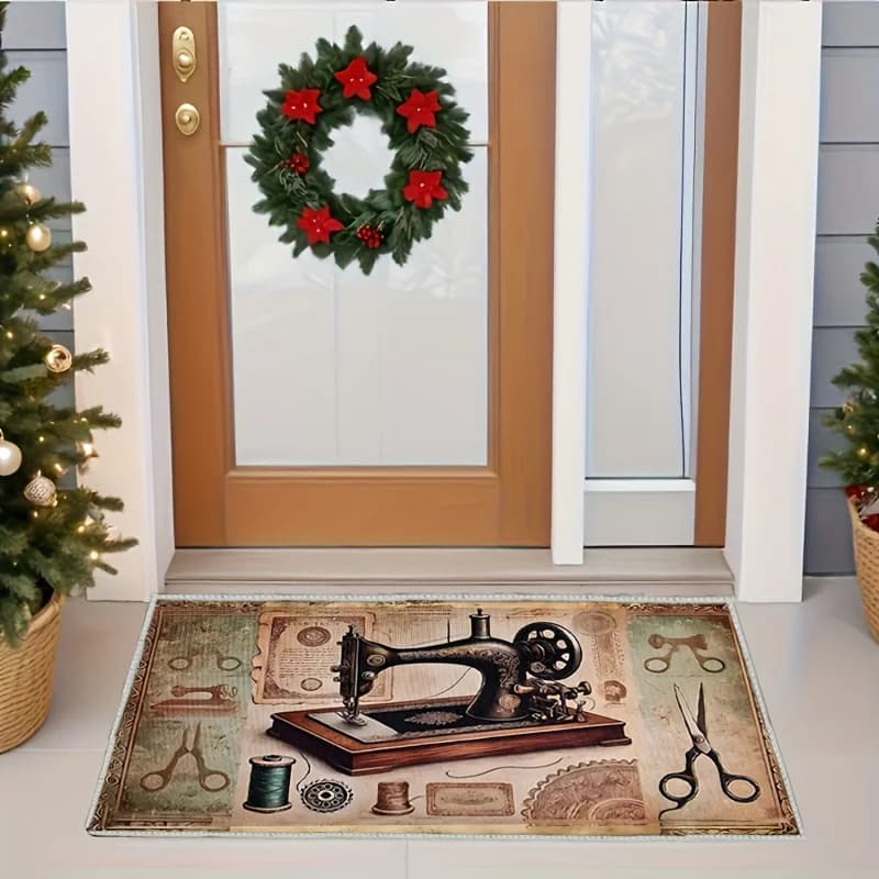 VIKAMA Retro Sewing Machine Pattern Door Mat Soft and Lightweight Machine Washable Carpet Anti Fading Home Decoration